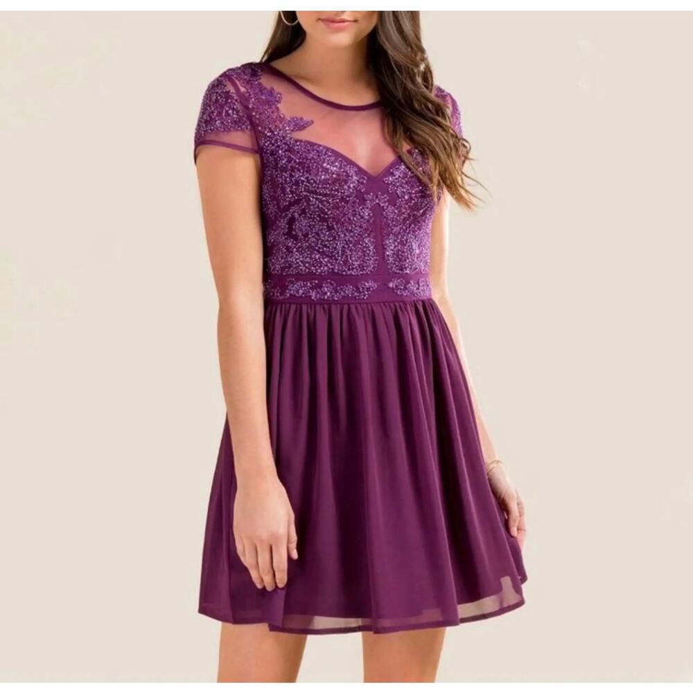 Francescas Purple Beaded Embroidered Homecoming Prom Formal Dress